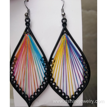 Alloy Frame Silk Thread Leaf Shape Handcraft Dangle Earrings